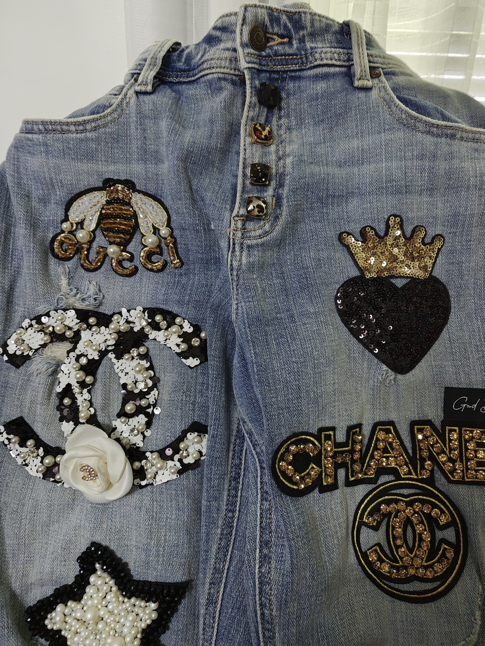 Women’s Light Blue Distressed Drama Jeans, with Chanel & Guccui Embellished - Picture 5 of 7